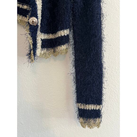 READ Ceres Cropped Fuzzy Cardigan Womens Medium Old Money Preppy Academia Blue - Picture 10 of 16